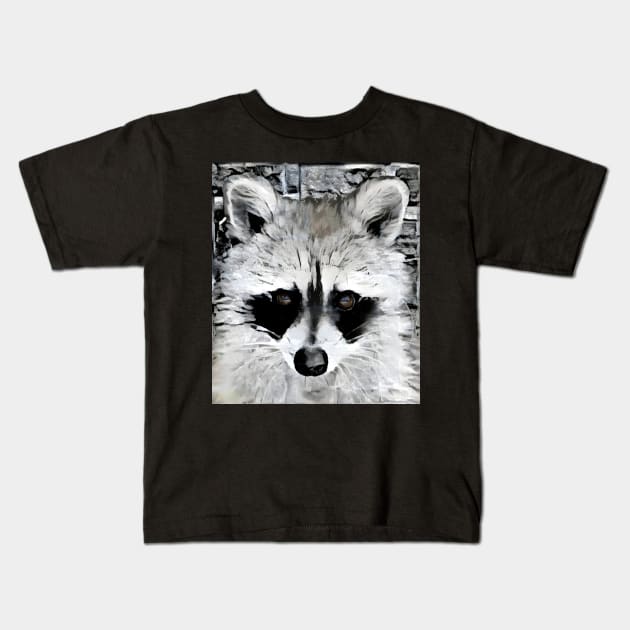Raccoon Black and White Spray Paint Wall Kids T-Shirt by Nuletto